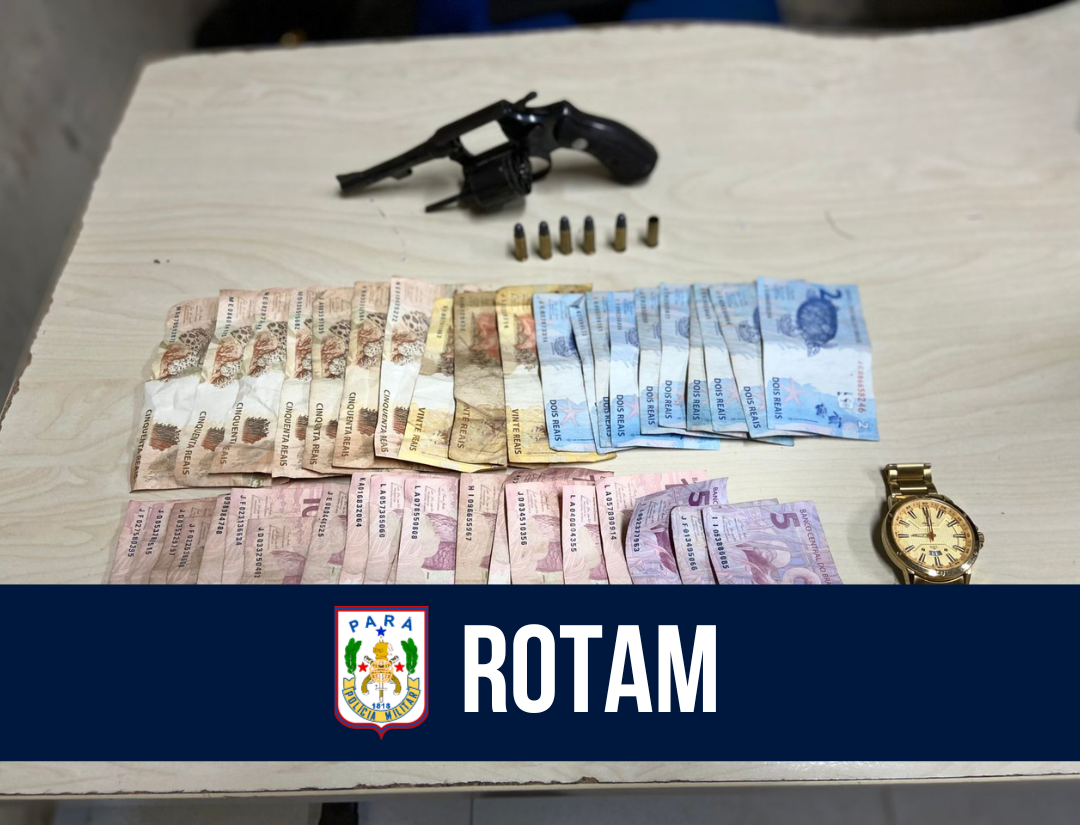 ROTAM frustra roubo e apreende arma, munições e objetos subtraídos